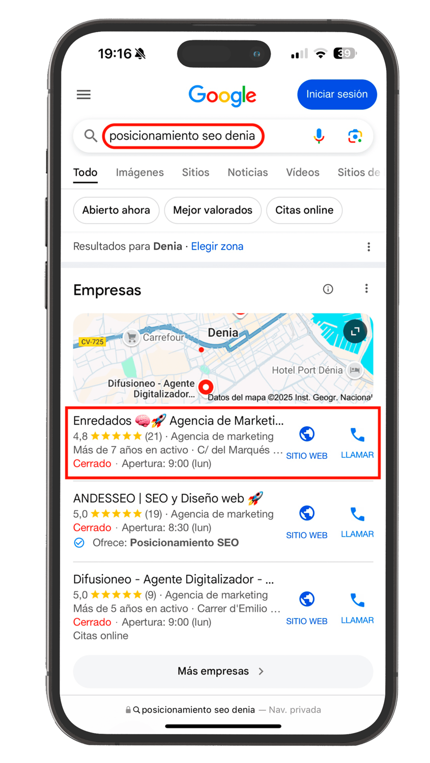 Resultado de posicionamiento SEO local de Enredados en Google
