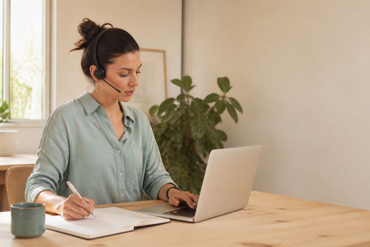 Profesional realizando prospección telefónica con portátil y libreta